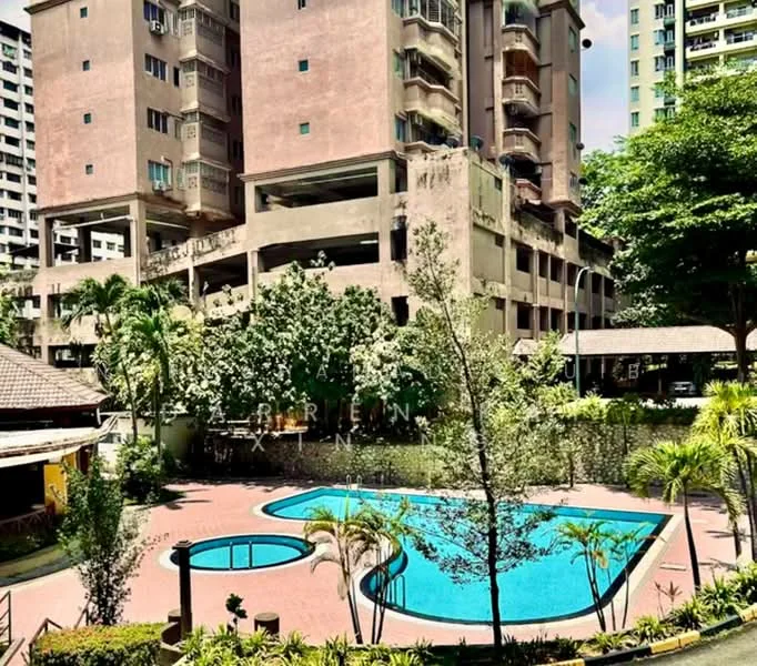Exterior type: high-rise condominium; features: swimming pool, pool deck with loungers, landscaped garden, mature trees, surrounding greenery, multi-storey building, balconies visible on upper floors, parking area, outdoor dining pavilion; style: modern.