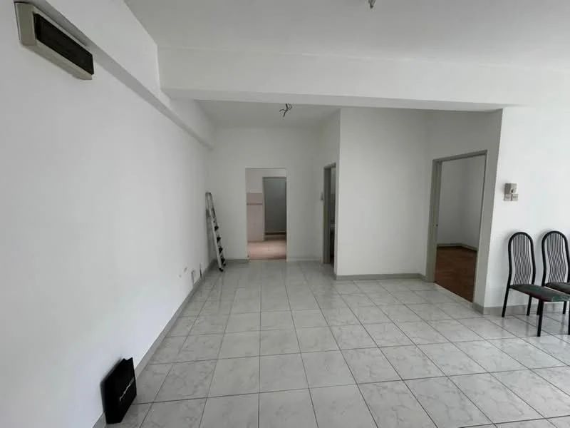 Living features: white painted walls, ceramic tile flooring, 1 wall-mounted split AC, recessed downlights, doorway leading to other rooms, two chairs, ladder, neutral color scheme.