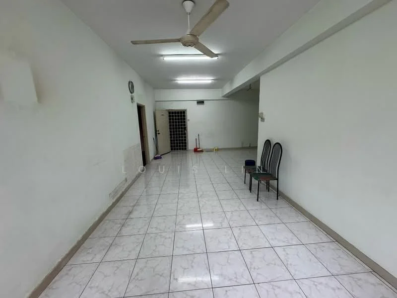 Room features: white painted walls, glossy ceramic tile flooring, ceiling fan, fluorescent ceiling lights, two wooden chairs, doorway leading to another room, wall clock, grill door; style: minimalist.