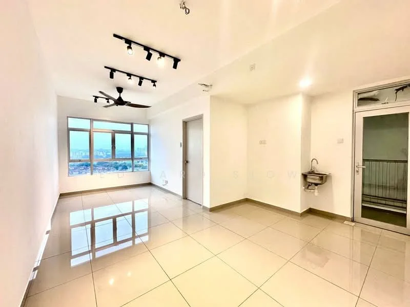 Living features: white painted walls, glossy porcelain tile flooring, 5-blade ceiling fan with light, track lighting, floor-to-ceiling windows, sliding glass door, balcony access, sink with wall-mounted faucet; style: modern; view: city.