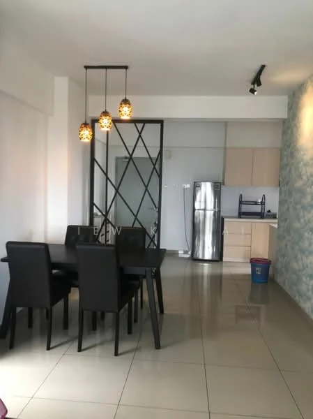 Dining features: 6-seater dining table, black dining chairs, pendant lighting with decorative shades, tile flooring, white walls, glass partition, open layout to kitchen, recessed ceiling lights; style: modern. Kitchen features: stainless-steel fridge, light wood cabinetry, countertop with backsplash, built-in oven, stainless-steel sink, 4-burner gas hob, open shelving, tile flooring; style: modern.