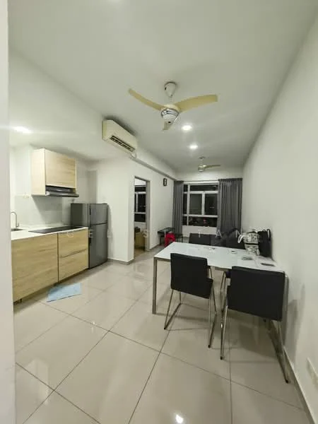 Kitchen features: white painted walls, glossy tile flooring, ceiling fan, 2-blade ceiling fan, built-in kitchen cabinets in light wood, stainless-steel fridge, built-in oven, stainless-steel sink, chrome pull-down faucet, dining table with 4 black chairs, window with sheer curtains, air conditioning unit; style: modern.