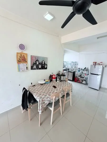 Dining features: dining table with tablecloth, 4 wooden chairs, white painted walls, polished ceramic tile flooring, ceiling fan, framed artwork on wall, kitchen area visible in background, refrigerator in background; style: modern.