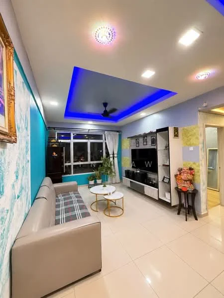 Living features: grey leather sofa, plaid throw pillows, round coffee table with white top, black TV console, wall-mounted TV, decorative wall art, blue accent wall, white painted walls, recessed ceiling lights, ceiling fan, large windows with sheer curtains, tile flooring; style: modern; view: city.
