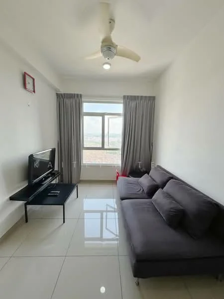 Living features: 3-seater fabric sofa in grey, flat-screen TV on black console, white painted walls, glossy white tile flooring, floor-to-ceiling window, sheer curtains, ceiling fan with light, decorative wall frame; style: modern; view: city.