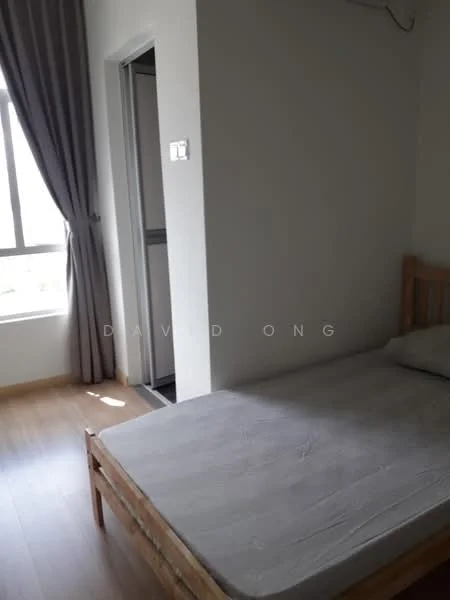 Bedroom features: single bed frame, mattress, light wood flooring, white painted walls, floor-to-ceiling window, grey curtains, built-in wardrobe, natural light; style: minimalist; view: city.