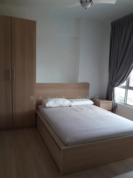 Bedroom features: queen-size bed, wooden bed frame, light wood wardrobe, nightstand, floor-to-ceiling window, grey curtains, light wood flooring, ceiling fan with light; style: modern.