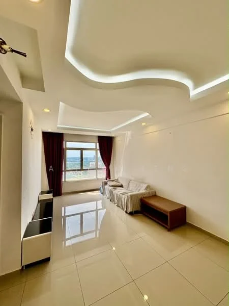 Living features: white painted walls, glossy tile flooring, tray ceiling with recessed lighting, floor-to-ceiling window, curtains in dark red, sofa covered with light fabric, wooden coffee table, TV console, decorative wall art; style: modern; view: city.