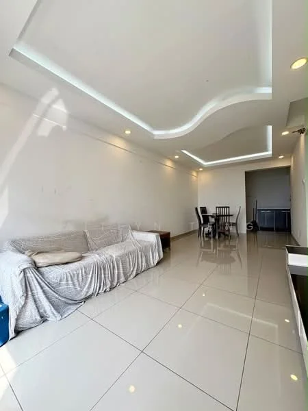 Living features: white painted walls, glossy tile flooring, tray ceiling with recessed lighting, sofa with throw blanket, dining table with chairs, open layout, natural light from windows, minimalist decor; style: modern.
