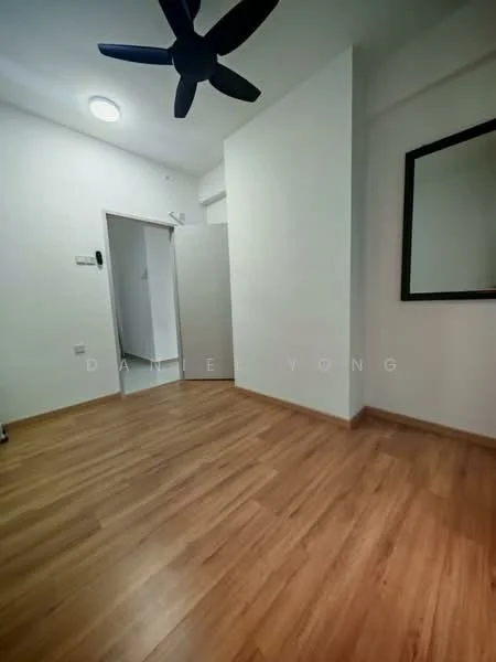 Room features: light wood laminate flooring, white painted walls, ceiling fan, recessed ceiling light, full-length mirror, doorway leading to another room; style: modern.