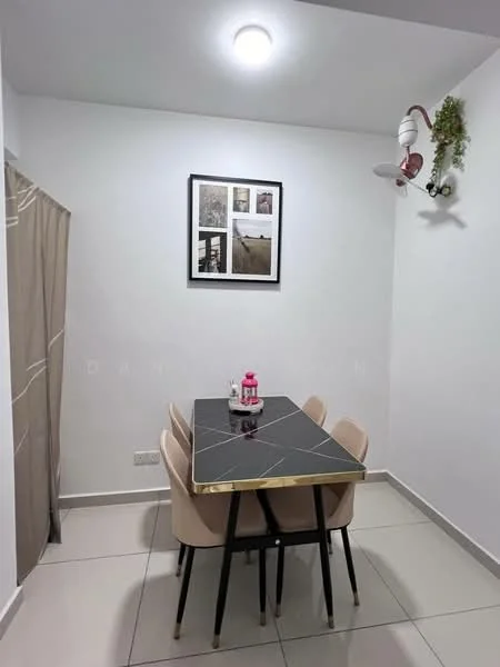 Dining features: black dining table with gold trim, 4 beige upholstered dining chairs, white painted walls, recessed ceiling light, decorative wall art in frame, curtain for privacy, tile flooring, wall-mounted plant holder; style: modern.