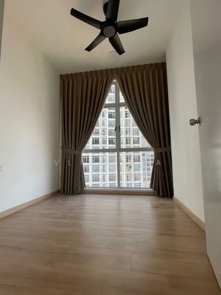 Room features: light wood flooring, floor-to-ceiling windows, sheer curtains, dark brown curtains, 5-blade ceiling fan, white painted walls; style: modern; view: city.