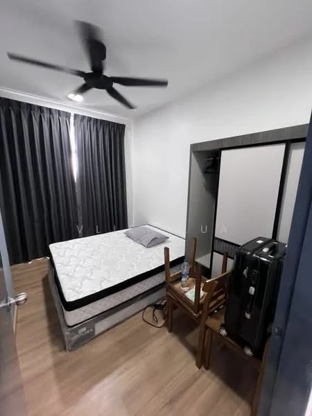 Bedroom features: queen-size bed, black ceiling fan, dark grey curtains, wooden flooring, built-in wardrobe with sliding doors, wooden chair, small table, suitcase, water bottle; style: modern.