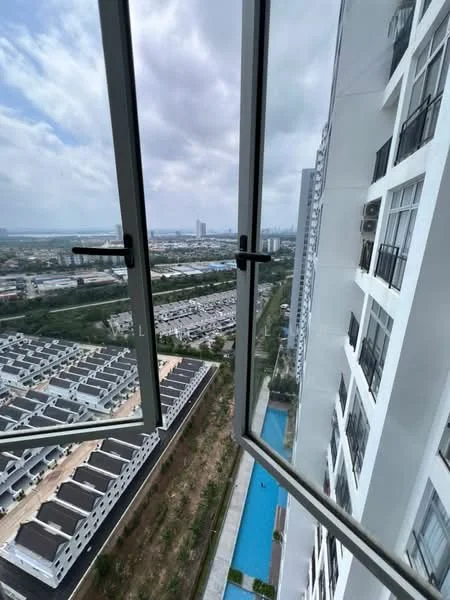 Exterior type: high-rise condominium; features: glass curtain wall, recessed balconies, city skyline view, swimming pool visible, surrounded by residential area, manicured landscaping; style: modern.