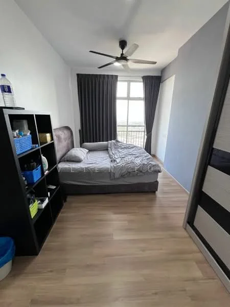 Bedroom features: queen-size bed, upholstered headboard, bedside table, ceiling fan, floor-to-ceiling window, curtains, laminate flooring, built-in wardrobe, decorative wall, shelf unit, water bottle, storage bins; style: modern; view: city.