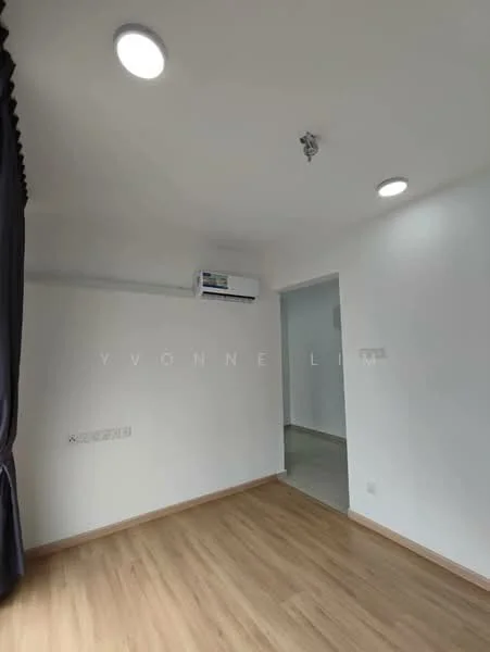 Room features: white painted walls, laminate flooring, recessed LED downlights, 1 wall-mounted split AC, curtains, doorway leading to another room; style: modern.