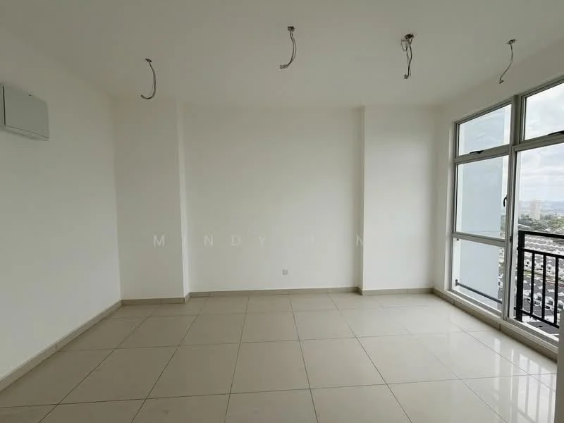 Room features: white painted walls, cream tiled flooring, floor-to-ceiling windows, city view, 1 wall-mounted split AC, recessed downlights, multiple ceiling hooks for lighting, no visible furniture or decor; style: modern; view: city.