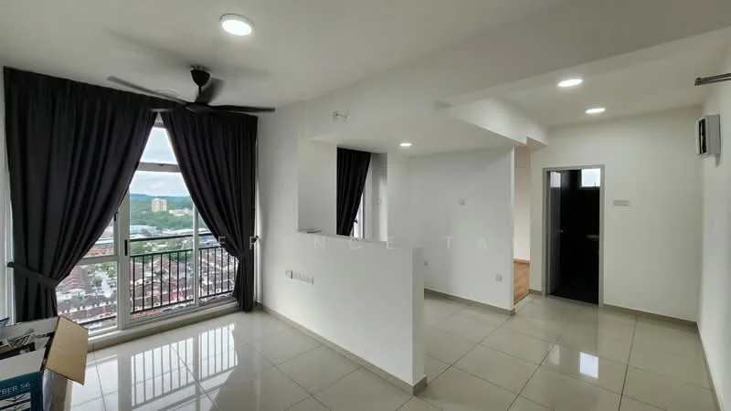 Living features: floor-to-ceiling windows, blackout curtains, 5-blade ceiling fan, white painted walls, glossy ceramic tile flooring, open layout, city view, light fixtures, corner wall with no visible features; style: modern; view: city. Room features: white painted walls, glossy ceramic tile flooring, doorway leading to another room.