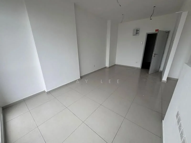 Room features: white painted walls, grey floor tiles, recessed ceiling lights, single door, large windows, open layout, no visible furniture, neutral color scheme; style: modern.