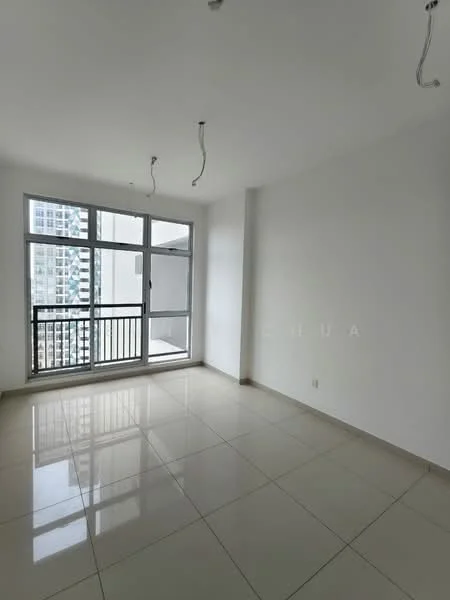 Room features: white painted walls, glossy ceramic tile flooring, floor-to-ceiling windows, sliding glass door, balcony access, recessed ceiling lights, no visible furniture, neutral color scheme; style: modern; view: city.