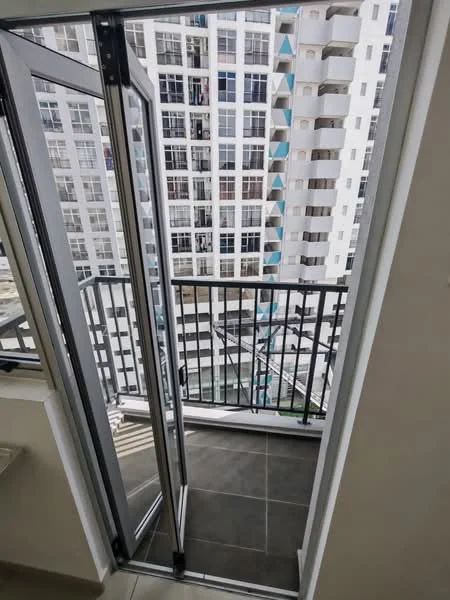 Room features: sliding glass door, metal railing, grey tiled flooring, balcony, view of adjacent building, floor-to-ceiling windows; style: modern; view: city.