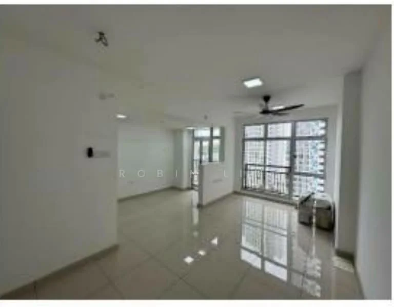 Living features: white painted walls, glossy ceramic tile flooring, 5-blade ceiling fan, floor-to-ceiling windows, sliding glass door, balcony access, natural light, open layout; style: modern; view: city.