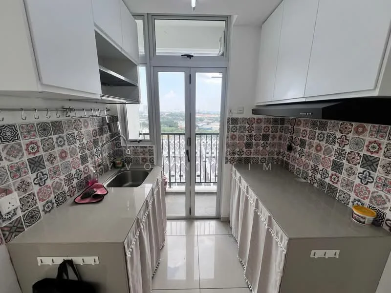 Kitchen features: grey laminate countertops, single-bowl stainless-steel sink, chrome pull-down faucet, white shaker cabinets, decorative patterned backsplash, built-in oven, stainless-steel range hood, ceramic tile flooring, floor-to-ceiling window, sliding glass door, curtains, open shelving, hanging hooks for utensils; style: modern; view: city.