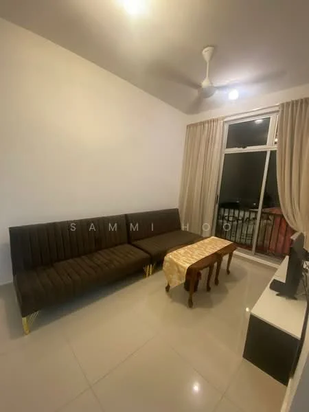 Living features: 3-seater fabric sofa in brown, coffee table with wooden legs, floor-to-ceiling windows, sheer curtains, ceiling fan with light, glossy tile flooring, wall-mounted TV console, decorative wall; style: modern.