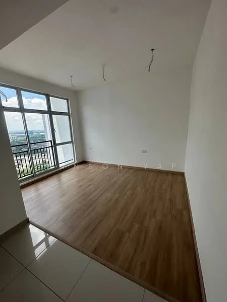 Room features: white painted walls, laminate flooring, large floor-to-ceiling windows, city view, recessed ceiling lights, balcony access, neutral color palette; style: modern; view: city.