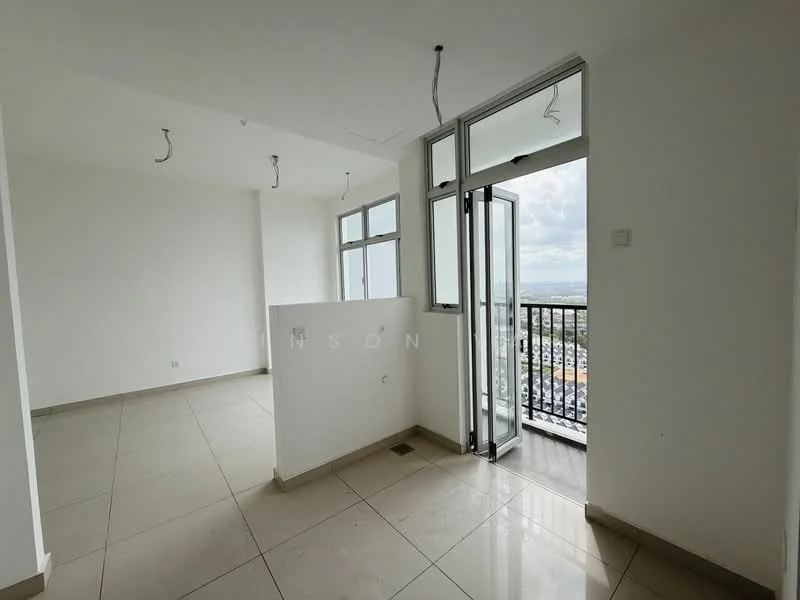 Room features: white painted walls, tile flooring, floor-to-ceiling windows, sliding glass door, balcony access, ceiling lights, open layout, city view; style: modern; view: city.