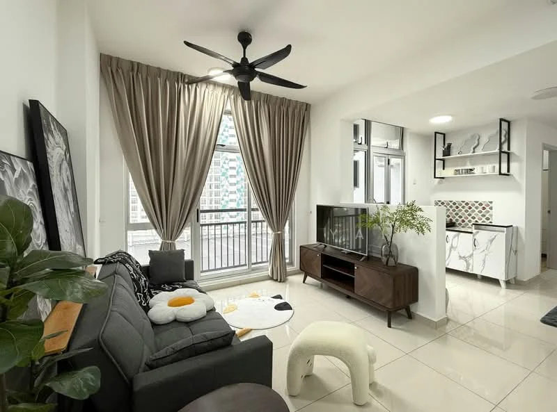 Living features: 3-seater fabric sofa in grey, white round coffee table, floor-to-ceiling windows, sheer curtains, 5-blade ceiling fan with light, TV console in dark wood, wall-mounted TV, decorative plant in ceramic pot, decorative artwork on wall, tile flooring, light grey walls, open layout to dining area; style: modern; view: city.