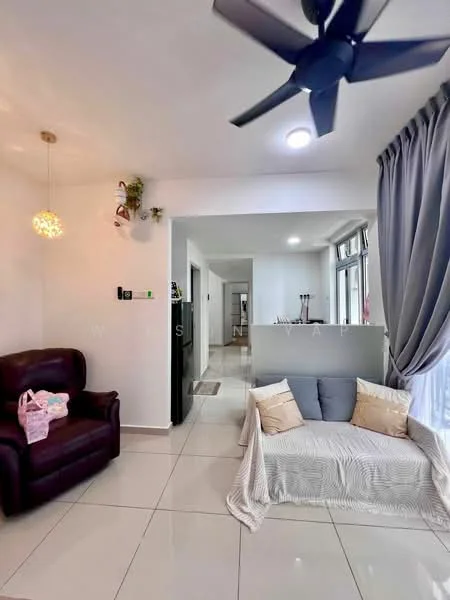 Living features: 3-seater fabric sofa in beige, single armchair in dark brown leather, ceiling fan with light, recessed LED downlights, large windows with sheer curtains, white painted walls, glossy white tile flooring, decorative pendant light, houseplants on wall-mounted shelves; style: modern.