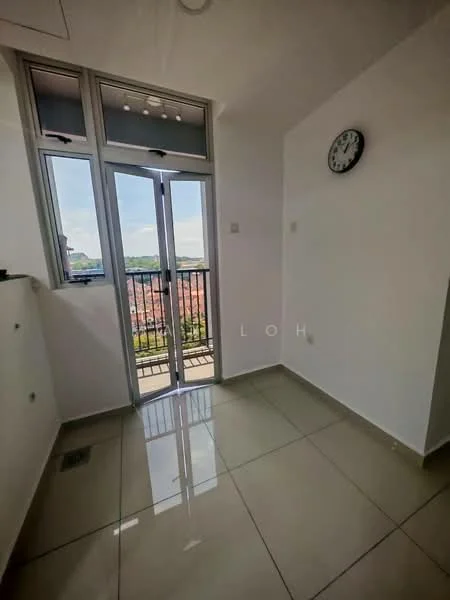 Room features: white painted walls, glossy tile flooring, floor-to-ceiling windows, sliding glass door, balcony access, wall clock, natural light, city view; style: modern; view: city.