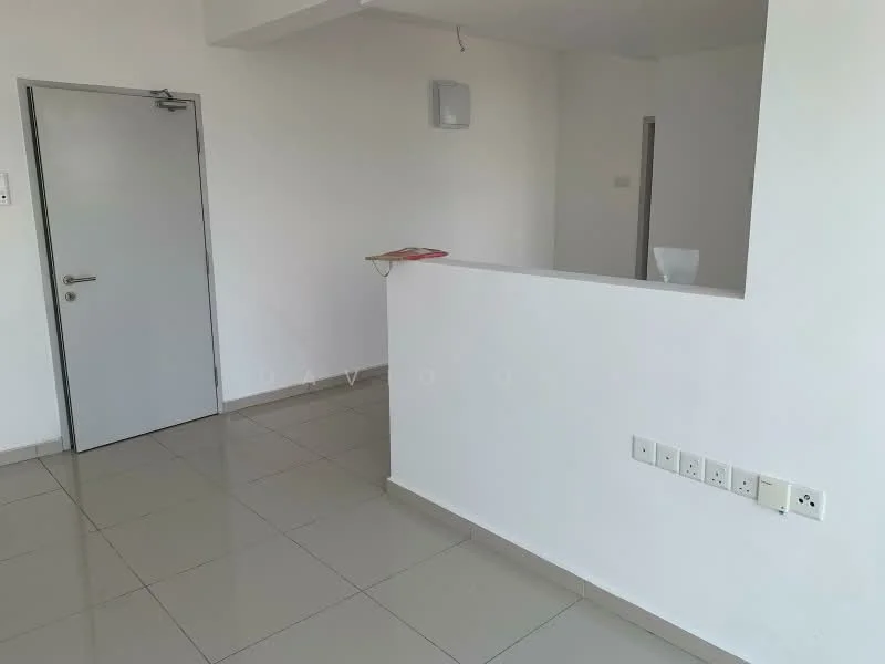 Room features: white painted walls, glossy ceramic tile flooring, single wooden door, wall-mounted air conditioning unit, electrical outlets, open counter space, neutral color scheme; style: modern.