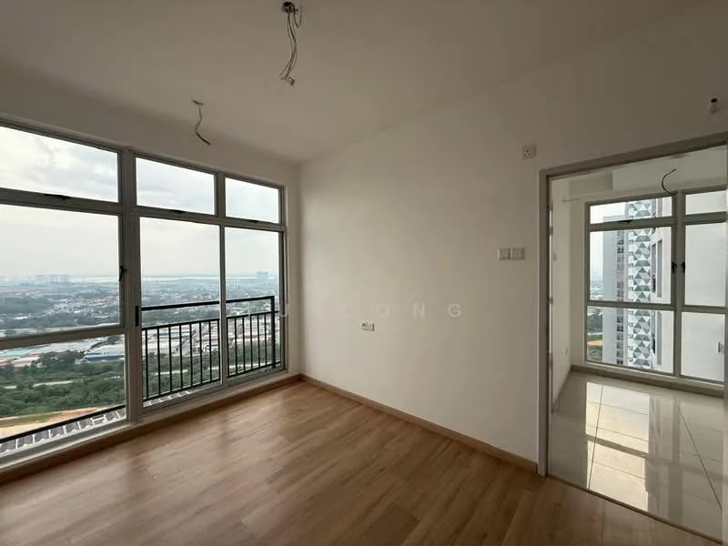 Room features: large floor-to-ceiling windows, white painted walls, laminate flooring, city view, natural light, two light fixtures on ceiling, open layout, balcony access; style: modern; view: city.