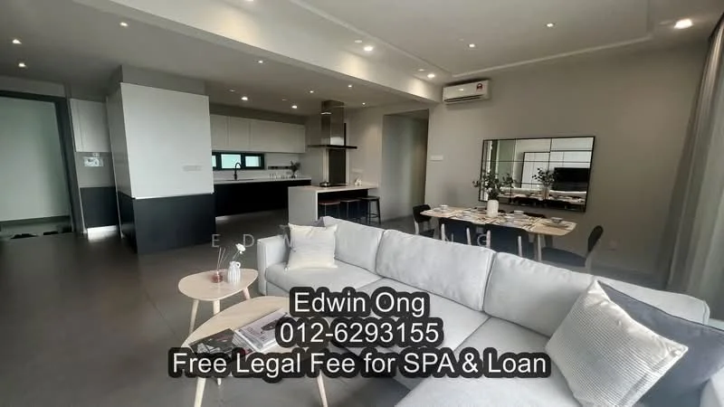 Living features: light grey fabric sectional sofa, coffee table, dining table with chairs, floor-to-ceiling windows, recessed downlights, grey tiled flooring, white painted walls, air conditioning unit, decorative wall mirror, open kitchen layout; style: modern. Kitchen features: kitchen island with bar stools, stainless-steel sink, built-in oven, stainless-steel range hood, 4-burner gas hob, white cabinetry, black countertop, backlit shelving; style: modern.