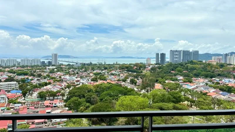Exterior type: high-rise condominium; features: city skyline view, sea view, surrounded by greenery, urban landscape, high-rise buildings in the background, residential area with colorful rooftops; style: modern.