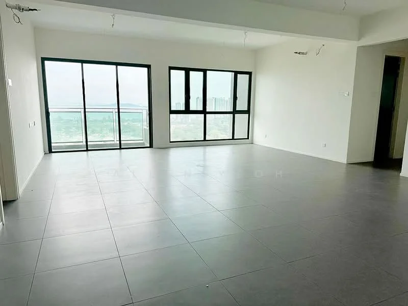Room features: large floor-to-ceiling windows, grey tiled flooring, white painted walls, open layout, city view, recessed ceiling lights, no visible furniture, balcony access, multiple electrical outlets, smooth ceiling, neutral color palette; style: modern; view: city.
