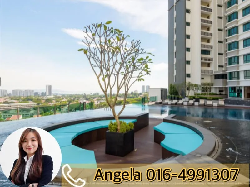 Exterior type: high-rise condominium; features: infinity pool, pool deck with loungers, landscaped garden area, city skyline view, modern outdoor seating, decorative tree planter, surrounding greenery, glass railing; style: modern.