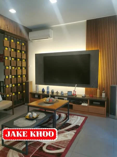 Living features: wall-mounted TV, wood panel accent wall, recessed lighting, air conditioning unit, coffee table, area rug with geometric pattern, side table, decorative items on shelves, built-in cabinetry, cushioned seating, floor tiles, decorative wall art; style: modern.