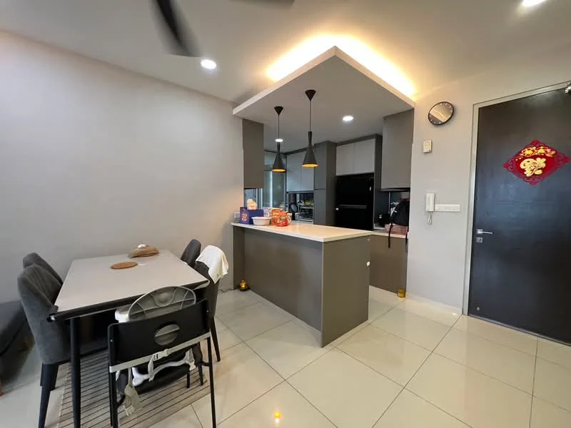 Kitchen features: grey cabinetry, white countertop, 3 pendant lights, stainless-steel sink, built-in oven, black refrigerator, ceramic tile flooring, wall-mounted clock, open shelving, dining table with 4 chairs, decorative wall art, light grey painted walls, recessed lighting; style: modern.