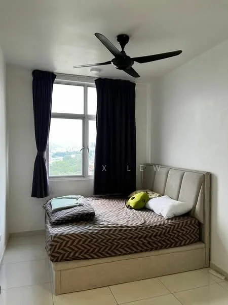 Bedroom features: queen-size bed, upholstered headboard, bedding with patterned cover, 2 pillows, ceiling fan, floor-to-ceiling window, dark curtains, white painted walls, light-colored flooring; style: modern; view: city.