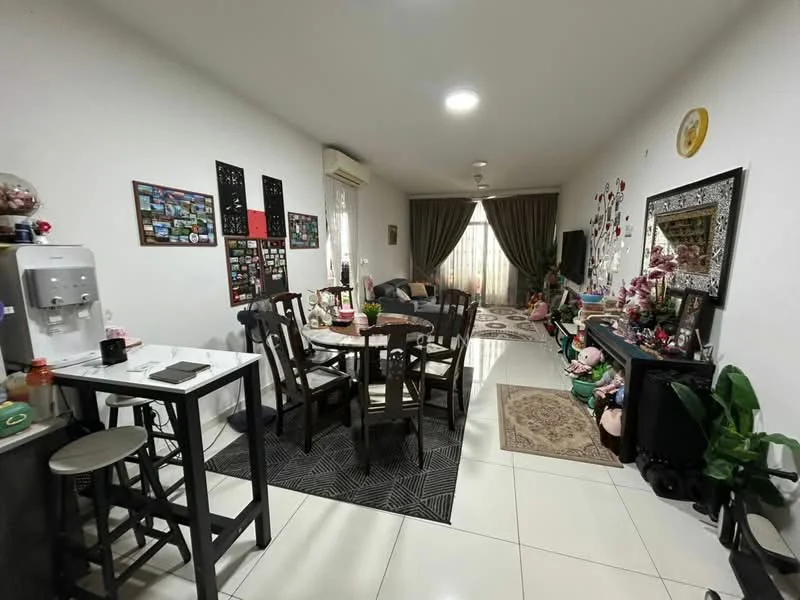 Living features: white painted walls, tile flooring, recessed ceiling lights, floor-to-ceiling windows with sheer curtains, dark wood dining table with four chairs, black and white patterned area rug, decorative wall art and photographs, sofa, TV console, decorative mirror, houseplants in pots, coffee table; style: modern.