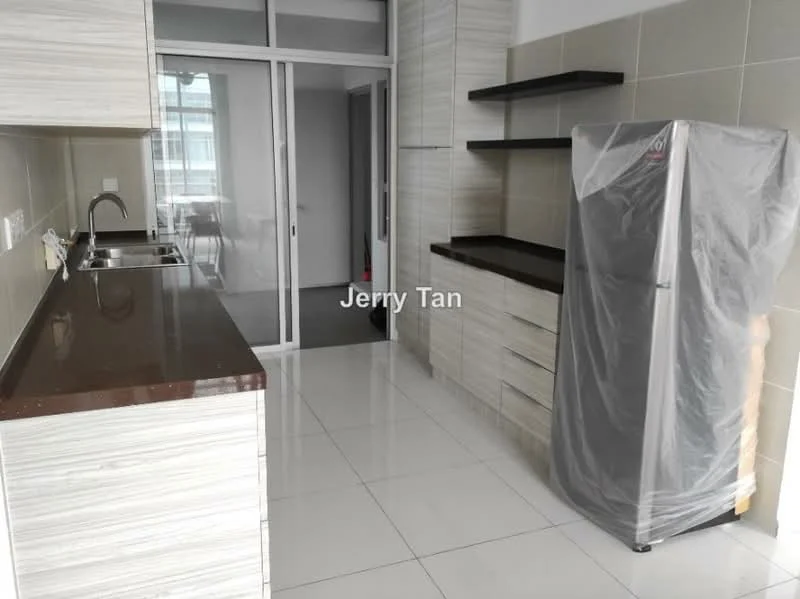 Kitchen features: white laminate cabinetry, dark granite countertop, stainless-steel sink, chrome pull-down faucet, built-in refrigerator covered in plastic, open shelving, tile backsplash, white tiled flooring, floor-to-ceiling windows, sliding glass door; style: modern.