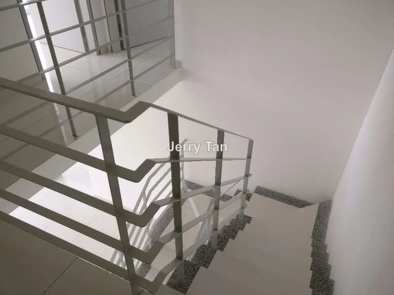 Room features: white painted walls, staircase with metal railing, tile flooring, light-colored steps, open space, natural light from upper levels, minimalist design, neutral color palette; style: modern; view: stairwell.