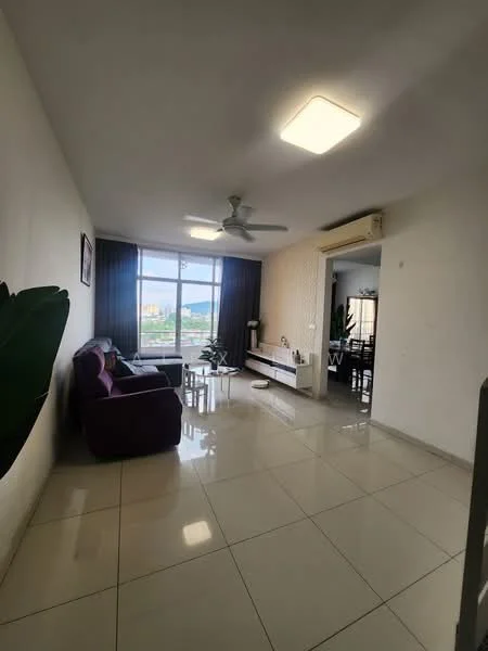 Living features: purple fabric sofa, 2-seater sofa, coffee table, TV console, wall-mounted TV, floor-to-ceiling windows, city view, white painted walls, glossy tile flooring, ceiling fan with light, curtains, decorative plant; style: modern; view: city.