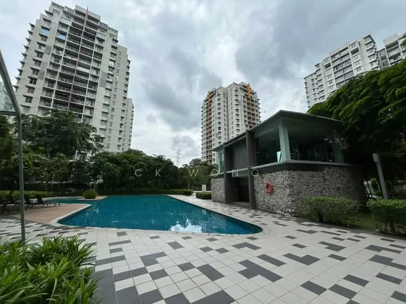 Exterior type: swimming pool deck; features: rectangular swimming pool, pool deck with loungers, landscaped garden with shrubs, stone-clad building facade, paved walkway with geometric pattern, surrounded by high-rise buildings, greenery around the pool area, lifebuoy mounted on the building; style: modern.