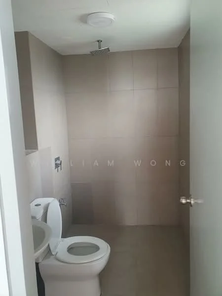 Bathroom features: one-piece toilet, wall-mounted faucet, shower head, tile cladding on walls, ceramic tile flooring, exhaust fan, mirror, light fixture; style: modern.