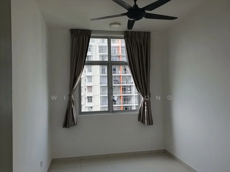 Room features: white painted walls, tile flooring, floor-to-ceiling window, curtains, ceiling fan; view: city.