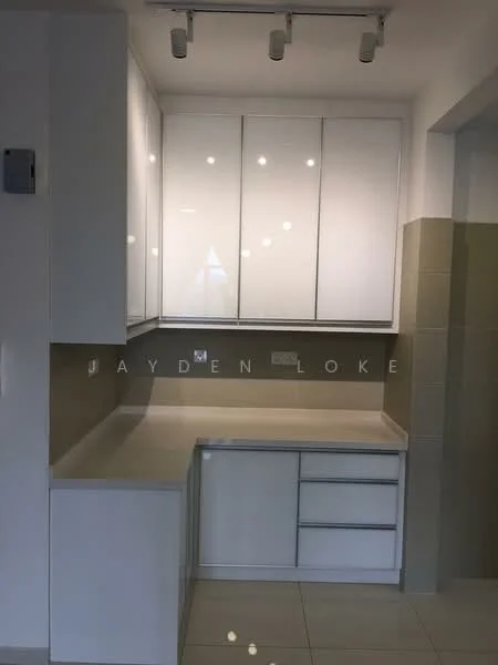 Kitchen features: white glossy cabinetry, laminate countertop, backlit upper cabinets, single-bowl stainless-steel sink, chrome faucet, tile backsplash, recessed lighting, ceramic tile flooring; style: modern.